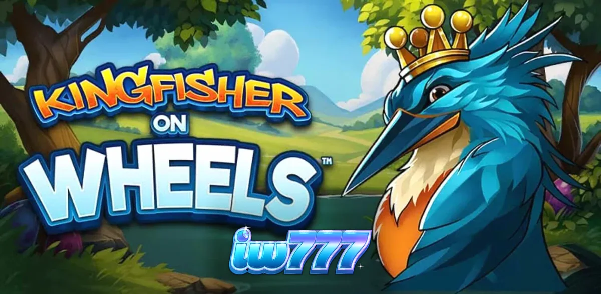 Tampilan visual slot Kingfisher on Wheels dengan latar belakang sungai dan roda keberuntungan